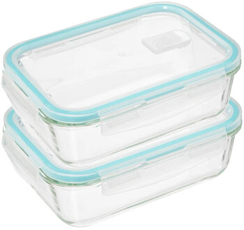5five Vershoudbakje met deksel - 2x - glas - luchtdicht - met clips - 21 x 15 x 7 cm - 1180 ml