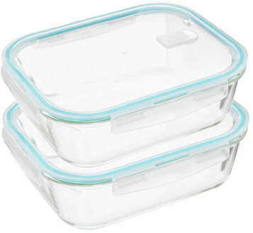 5five Vershoudbakje met deksel - 2x - glas - luchtdicht - met clips - 26 x 21 x 8 cm - 2260 ml