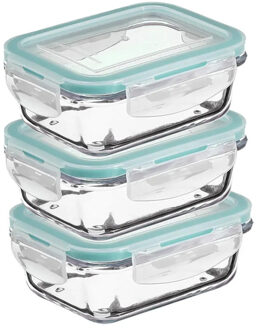 5five Vershoudbakje met deksel - 3x - glas - luchtdicht - met clips - 14 x 10 x 5 cm - 330 ml