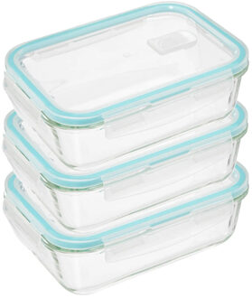 5five Vershoudbakje met deksel - 3x - glas - luchtdicht - met clips - 21 x 15 x 7 cm - 1180 ml