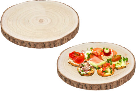 5five Voedsel/hapjes serveer plank/boomschijf met schors - 2x - D28 cm - rond - Serveerschalen