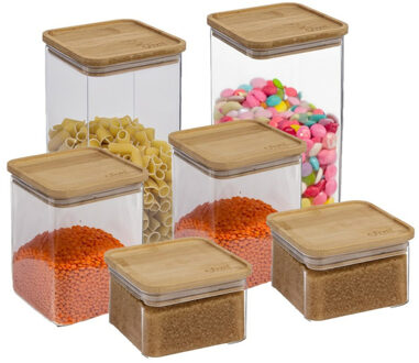 5five Voedsel/keuken voorraadpotten set - 6x stuks - kunststof en bamboe - in 3 formaten
