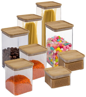 5five Voedsel/keuken voorraadpotten set - 8x stuks - kunststof en bamboe