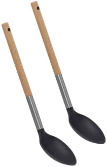 5five Voedsel opscheplepel - 2x - zwart/lichtbruin - hout/rvs/kunststof - 32 cm - Keukengerei
