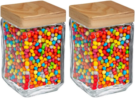 5five voedsel/spullen voorraadpot - 2x stuks - Glas en houten deksel - 1250 ml - luchtdichte sluitin