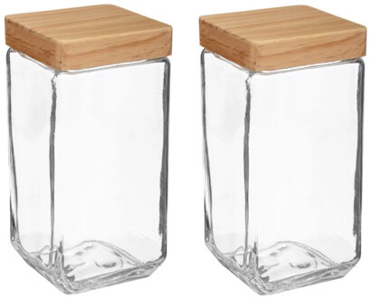 5five voedsel/spullen voorraadpot - 2x stuks - Glas en houten deksel - 2000 ml - luchtdichte sluitin