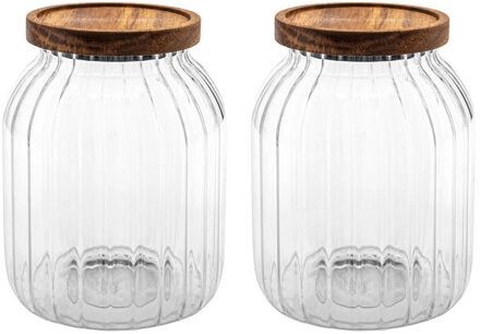 5five voorraadpot Acacia hout - 2x - glas - 2L - 13 x 18 cm - voorraadpotten - Voedsel/snoep/koekjes