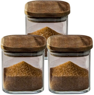 5five Voorraadpot voedsel - 3x stuks - glas met acacia houten deksel - 600 ml - luchtdichte deksel