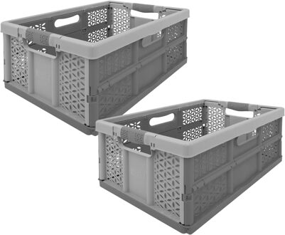 5five Vouwkrat/boodschappenkrat met hendels - 2x - 32 liter - zwart/grijs - kunststof - 48 x 35 x 24 cm