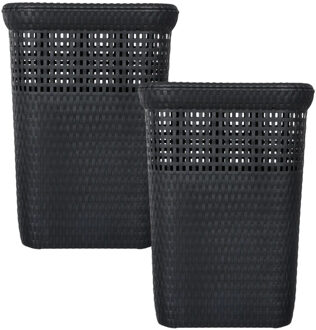 5five Wasmand met deksel Rotan - 2x - antraciet - gevlochten kunststof - 60 liter - 42 x 33 x 57 cm