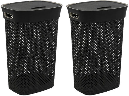 5five Wasmand met deksel Rotan - 2x - antraciet - gevlochten kunststof - 60 liter - 42 x 33 x 61 cm