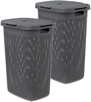 5five Wasmand met deksel Rotan - 2x - donkergrijs - gevlochten kunststof - 60 liter - 45 x 35 x 66 cm
