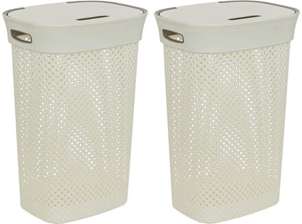 5five Wasmand met deksel Rotan - 2x - wit - gevlochten kunststof - 60 liter - 42 x 33 x 61 cm