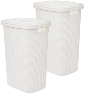 5five Wasmand met deksel Rotan - 2x - wit - gevlochten kunststof - 60 liter - 45 x 35 x 66 cm
