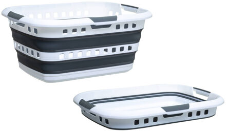 5five Wasmand opvouwbaar met handvatten - 2x - kunststof - 45L - grijs/wit - 62 x 45 x 27 cm