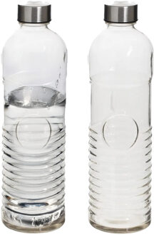 5five Waterfles - 2x -1 liter - gehard ribbel glas - D8 x H29 cm - drinkfles - Glazen drink flessen