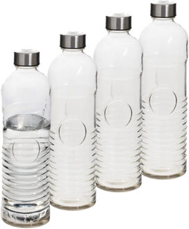 5five Waterfles - 4x -1 liter - gehard ribbel glas - D8 x H29 cm - drinkfles - Glazen drink flessen