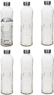 5five Waterfles - 6x -1 liter - gehard ribbel glas - D8 x H29 cm - drinkfles - Glazen drink flessen