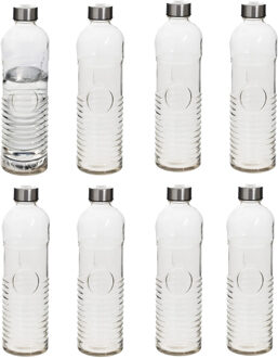 5five Waterfles - 8x stuks -1 liter - gehard ribbel glas - D8 x H29 cm - drinkfles - Glazen drink flessen