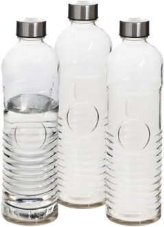 5five Waterfles - Set van 3x stuks -1 liter - gehard ribbel glas - D8 x H29 cm - drinkfles - Glazen drink