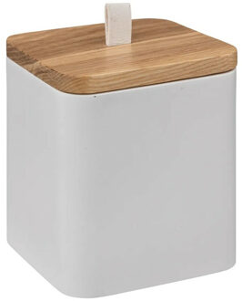 5five Wattendispenser - wit - kunststof - bamboe - 9 x 9 x 10 cm - wattenstaafjeshouder