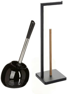 5five WC borstel / toiletborstel - met toiletrolhouder - badkamer set - zwart - dolomiet en metaal