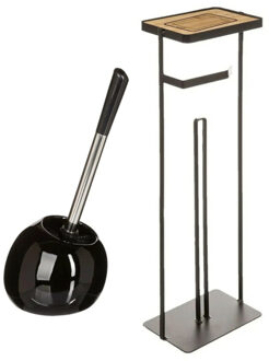 5five WC borstel- toiletborstel - met toiletrolhouder - set - in het zwart - dolomiet en metaal