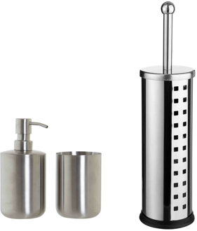 5five WC-/toiletborstel en houder - rvs zilver - met zeeppompje en beker - Badkameraccessoireset Zilverkleurig