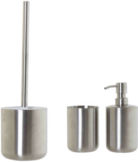 5five WC-/toiletborstel en houder - rvs zilver - met zeeppompje en beker - Badkameraccessoireset Zilverkleurig