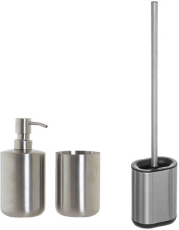 5five WC-/toiletborstel en houder - rvs zilver - met zeeppompje en beker