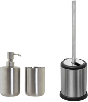 5five WC-/toiletborstel en houder - rvs zilver - met zeeppompje en beker