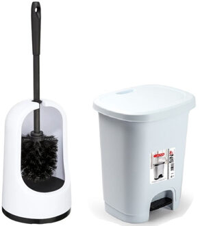 5five WC-/toiletborstel en houder - wit - met kleine pedaalemmer 8 liter