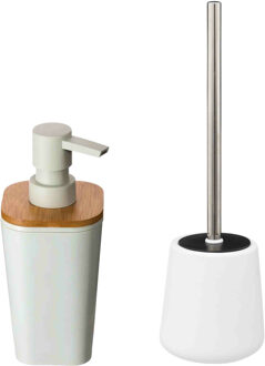 5five WC-/toiletborstel en houder - zandsteen wit - met zeeppompje - Badkameraccessoireset