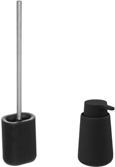 5five WC-/toiletborstel en houder - zwart - met zeeppompje 250 ml