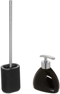 5five WC-/toiletborstel en houder - zwart - met zeeppompje 300 ml - Badkameraccessoireset