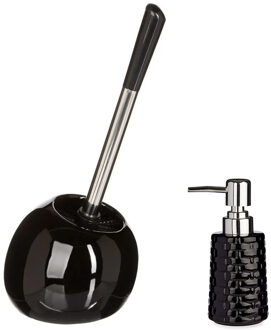 5five WC-/toiletborstel en houder - zwart - met zeeppompje 350 ml