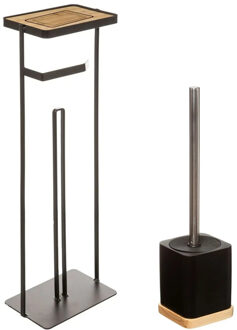 5five WC-/toiletborstel met toiletrolhouder set zwart/hout