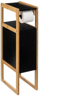 5five Wc/toiletrolhouder met kastje - zwart - bamboe hout - staand - 33 x 20 x 80 cm