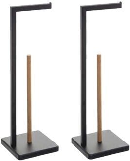 5five WC/toiletrolhouder - Set van 2x stuks - met reservoir - zwart - 20 x 20 x 64 cm - metaal/bamboe - vo