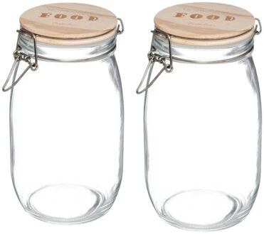 5five Weckpot/voorraadpot - 2x stuks - 1,5L - glas - houten deksel en beugelsluiting - luchtdichte afsluit