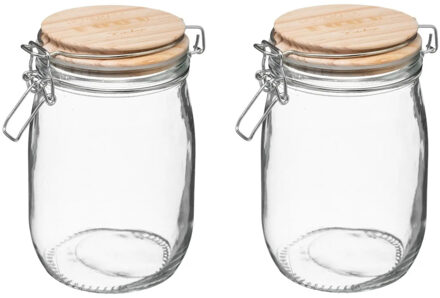 5five Weckpot/voorraadpot - 2x stuks - 1L glas - houten deksel en beugelsluiting - luchtdichte afsluiting