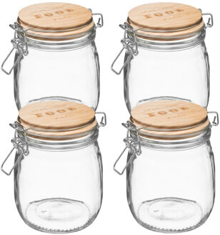 5five Weckpot/voorraadpot - 4x stuks - 0,75L - glas - houten deksel en beugelsluiting - luchtdichte afslui