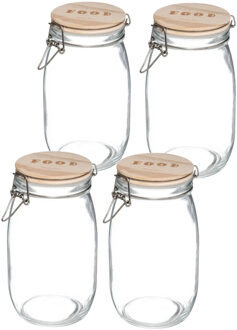 5five Weckpot/voorraadpot - 4x stuks - 1,5L - glas - houten deksel en beugelsluiting - luchtdichte afsluit