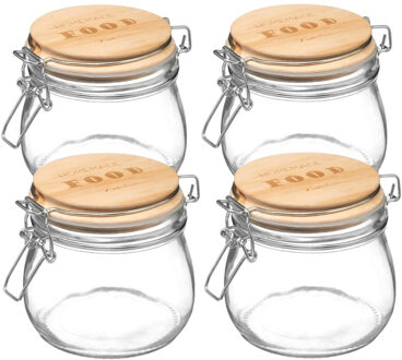 5five Weckpot/voorraadpot - 4x stuks - 500 ml - glas - houten deksel en beugelsluiting - luchtdichte afslu