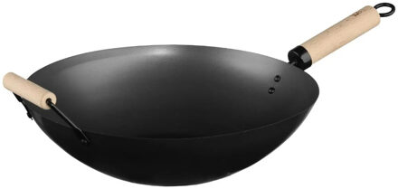 5five Wok/hapjes/bak pan - Professional - met anti aanbak laag - metaal/hout - D35 x H16 cm