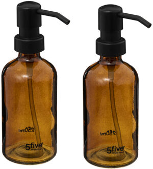 5five Zeeppompje/dispenser - 2x - glas - bruin - 250 ml - navulbaar - toilet/keuken/badkamer