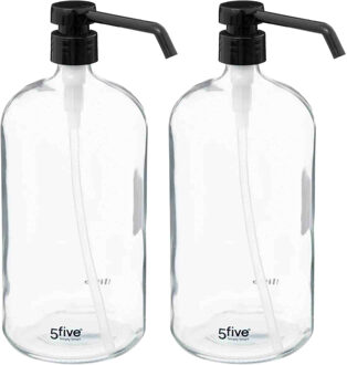 5five Zeeppompje/dispenser - 2x - glas - transparant - 1 liter - navulbaar - toilet/badkamer/keuken