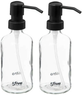 5five Zeeppompje/dispenser - 2x - glas - transparant - 250 ml - navulbaar - toilet/keuken/badkamer
