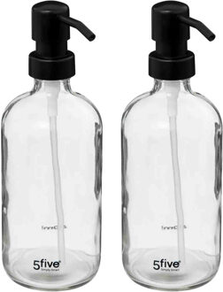 5five Zeeppompje/dispenser - 2x - van glas - transparant - 450 ml - navulbaar - keuken/toilet/badkam