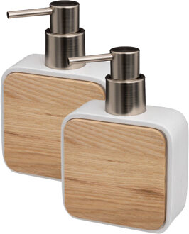 5five Zeeppompje/zeepdispenser - 2x stuks - wit - 10 x 15 cm - 200 ml - bamboe/kunststeen - badkamer